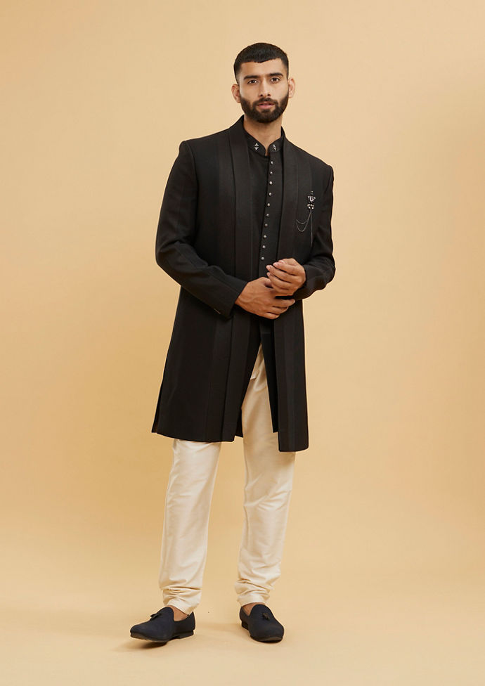 Twamev Men Ebony Black Shawl Collared Indo Western Set with Chained Brooch