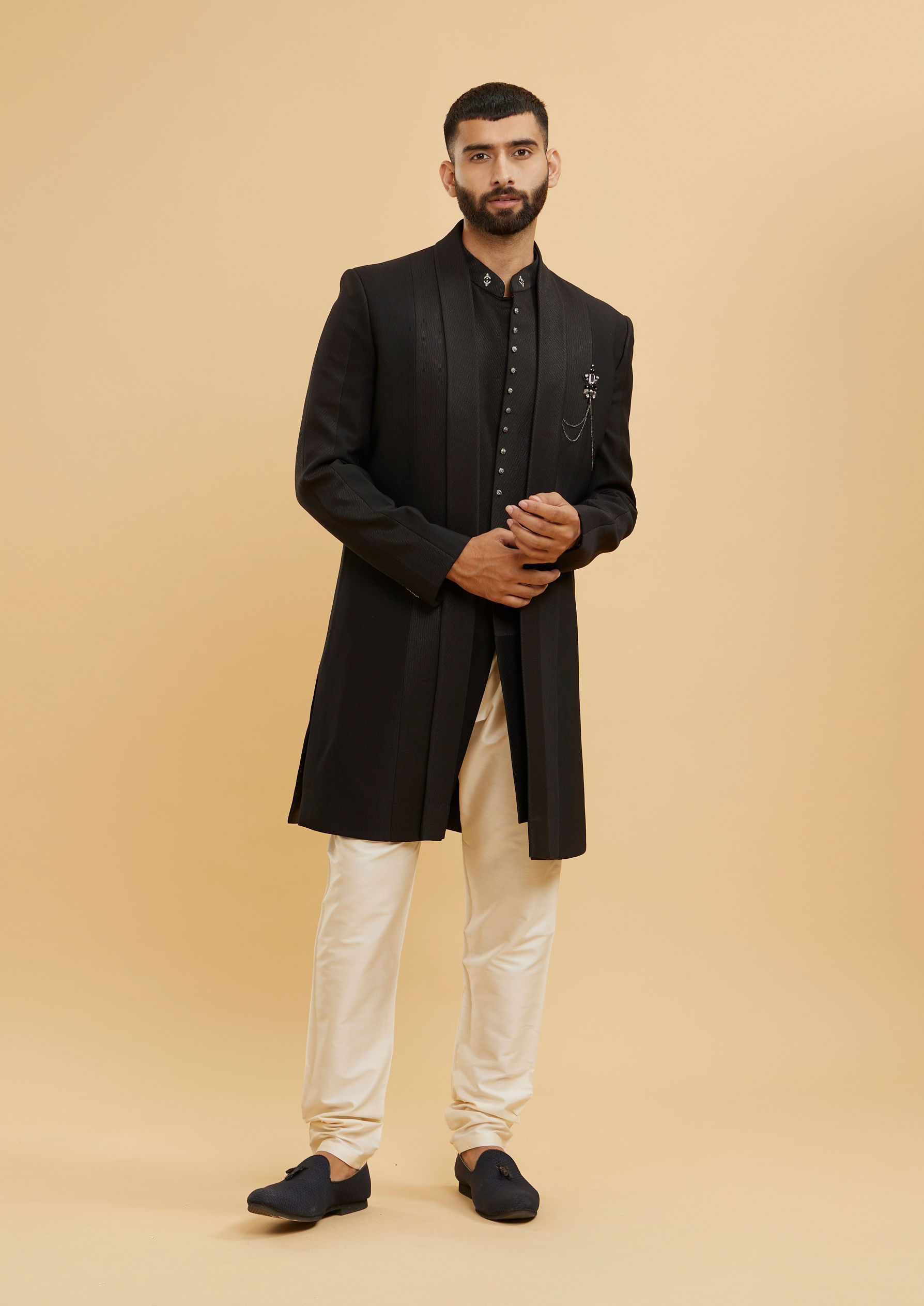 Twamev Men Ebony Black Shawl Collared Indo Western Set with Chained Brooch