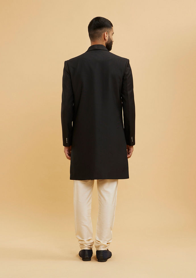Twamev Men Ebony Black Shawl Collared Indo Western Set with Chained Brooch