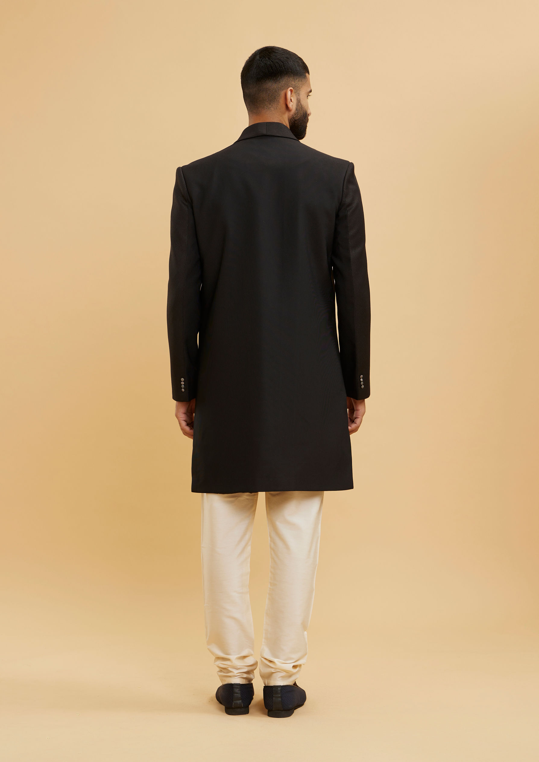 Twamev Men Ebony Black Shawl Collared Indo Western Set with Chained Brooch