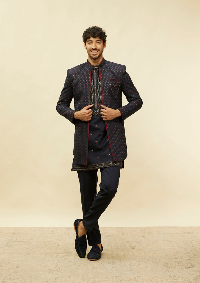 Twamev Men Blue Art Silk Embroidered Sequin Work Indo Western