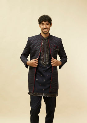 alt message - Twamev Men Blue Art Silk Embroidered Sequin Work Indo Western image number 0