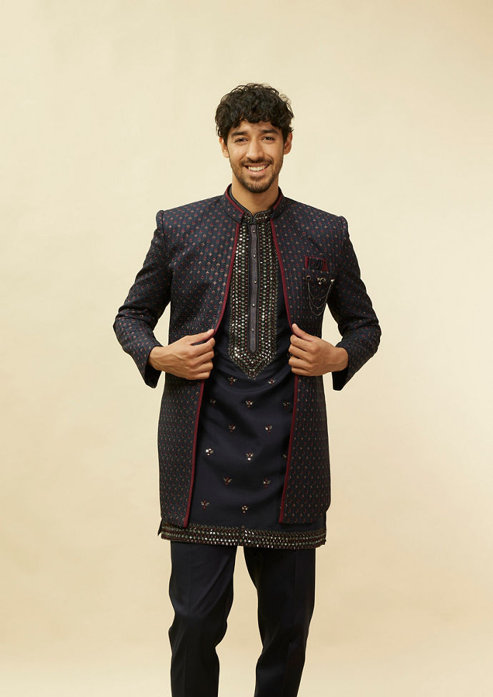 Twamev Men Blue Art Silk Embroidered Sequin Work Indo Western
