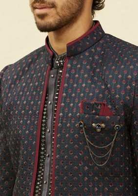 alt message - Twamev Men Blue Art Silk Embroidered Sequin Work Indo Western image number 1