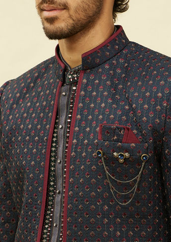 alt message - Twamev Men Blue Art Silk Embroidered Sequin Work Indo Western image number 1