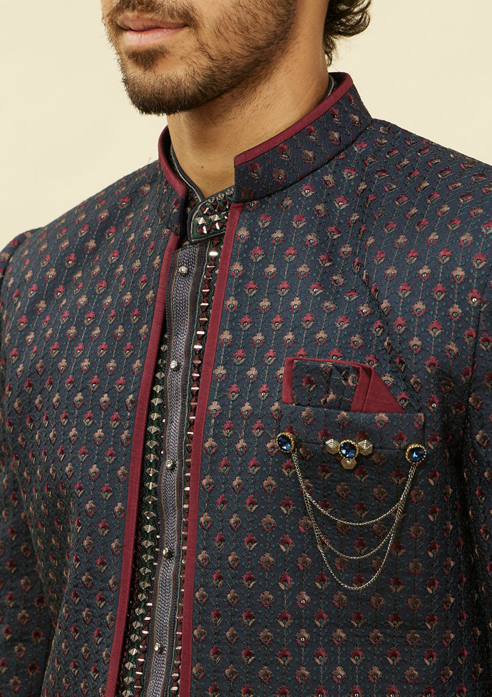 Twamev Men Blue Art Silk Embroidered Sequin Work Indo Western