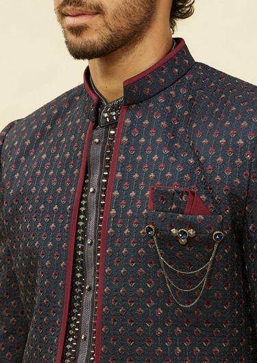 alt message - Twamev Men Blue Art Silk Embroidered Sequin Work Indo Western image number 1