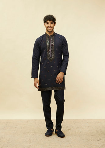 alt message - Twamev Men Blue Art Silk Embroidered Sequin Work Indo Western image number 2