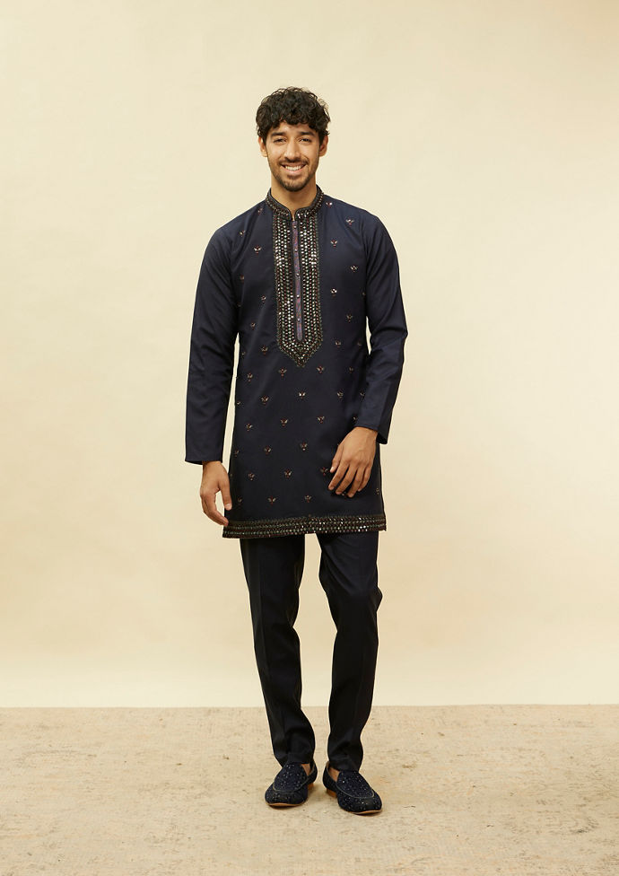 Twamev Men Blue Art Silk Embroidered Sequin Work Indo Western