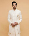 Cream Beige Mirror Embellished Sherwani Set