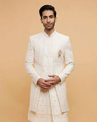 Twamev Men Cream Beige Mirror Embellished Sherwani Set