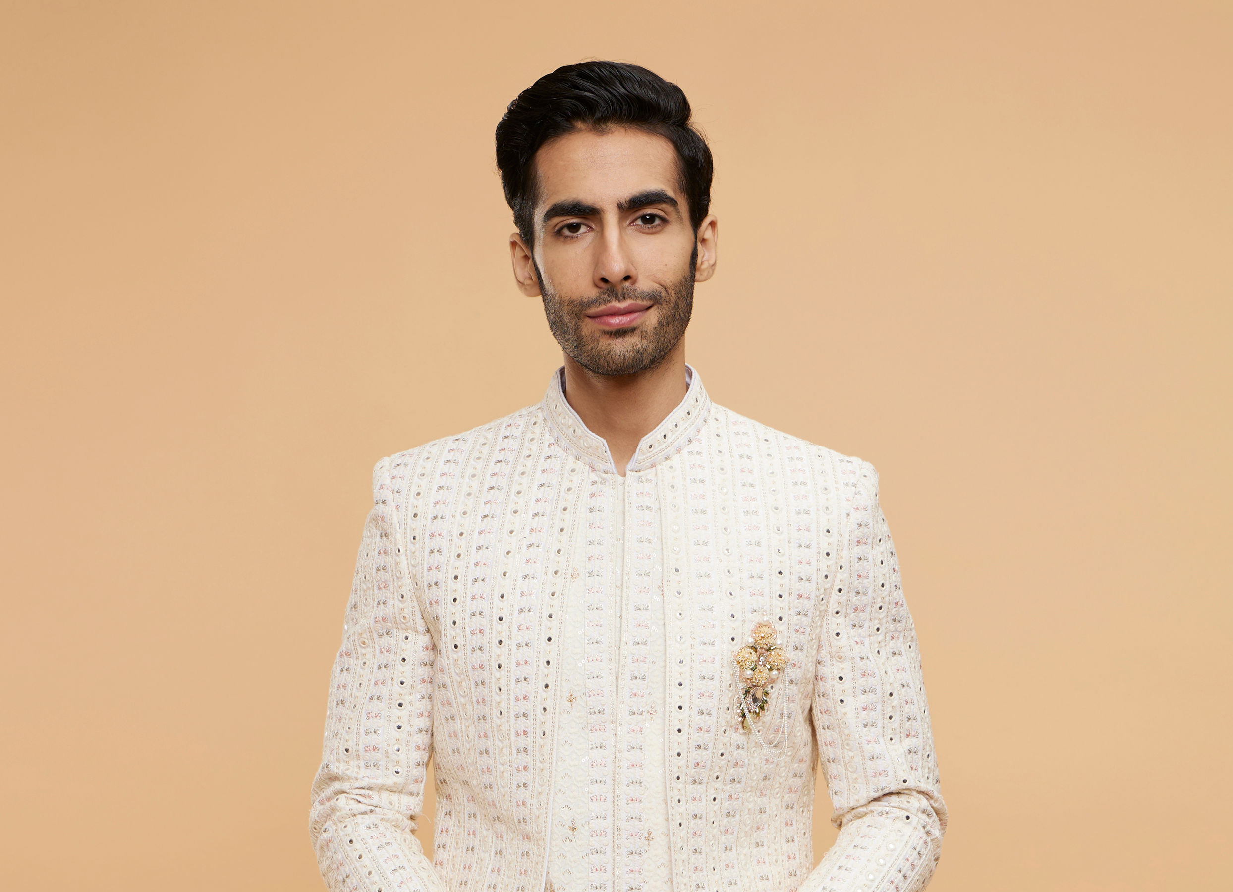 Twamev Men Cream Beige Mirror Embellished Sherwani Set