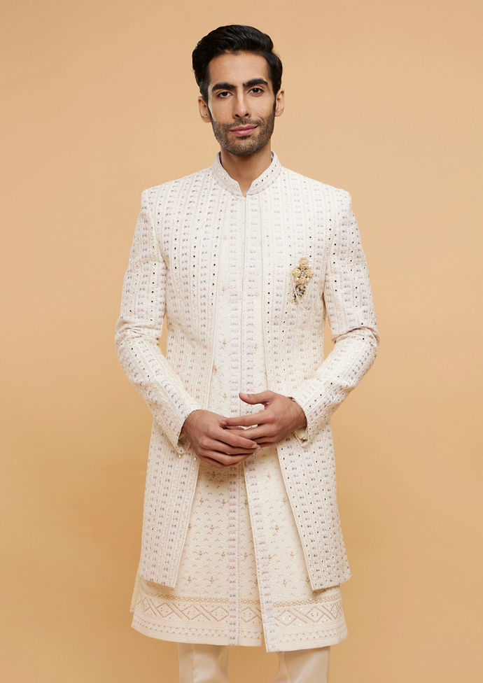 Twamev Men Cream Beige Mirror Embellished Sherwani Set