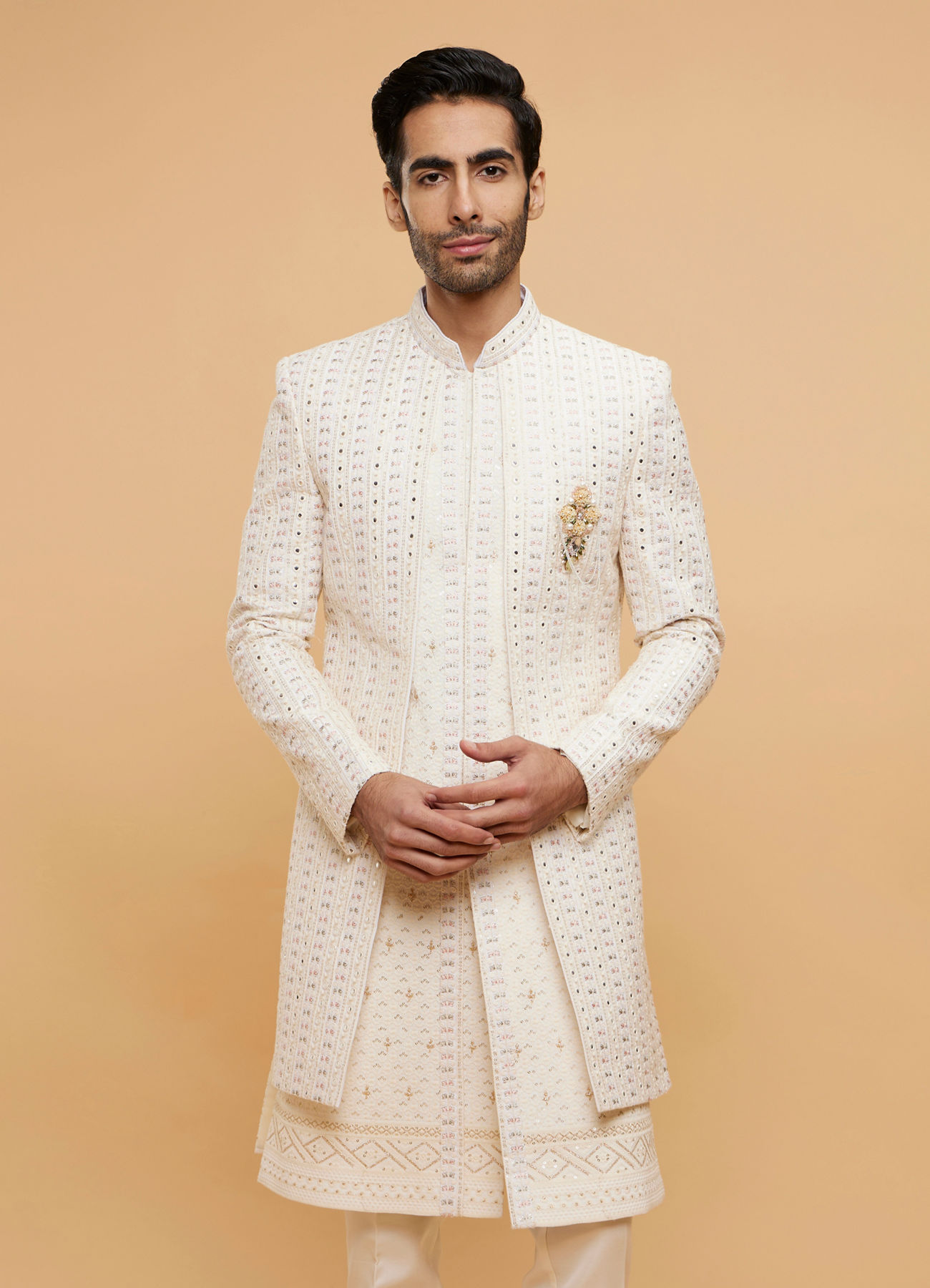 Twamev Men Cream Beige Mirror Embellished Sherwani Set