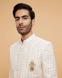 Twamev Men Cream Beige Mirror Embellished Sherwani Set