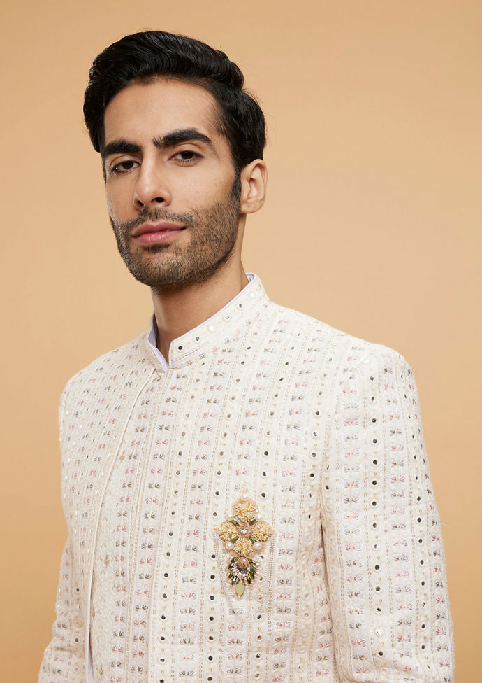 Twamev Men Cream Beige Mirror Embellished Sherwani Set