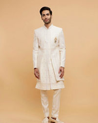 Twamev Men Cream Beige Mirror Embellished Sherwani Set