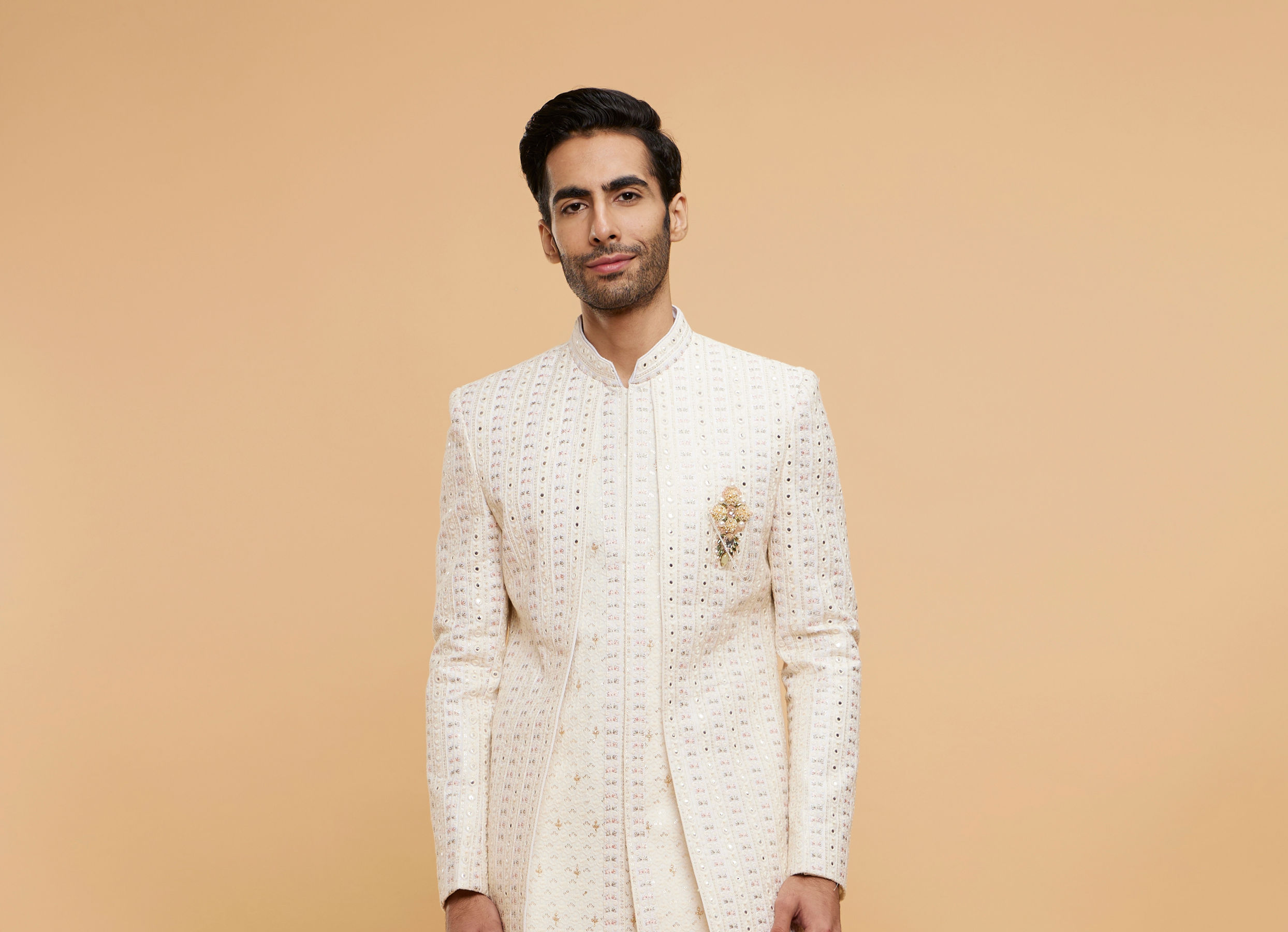 Twamev Men Cream Beige Mirror Embellished Sherwani Set