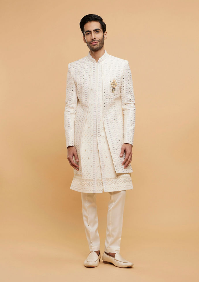 Twamev Men Cream Beige Mirror Embellished Sherwani Set