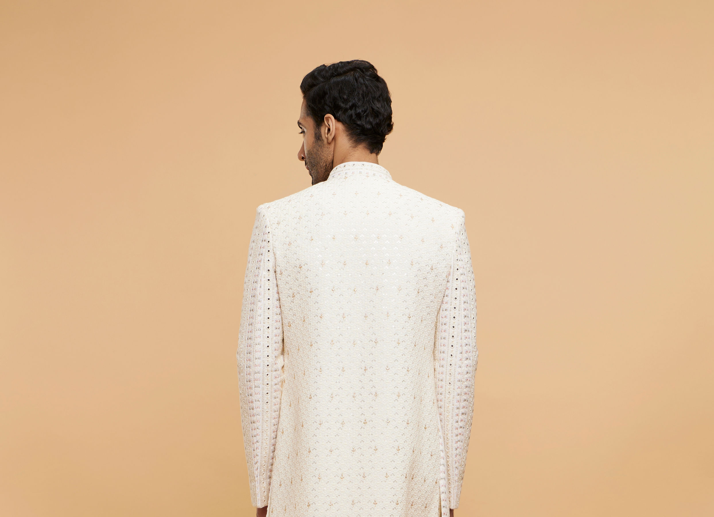Twamev Men Cream Beige Mirror Embellished Sherwani Set