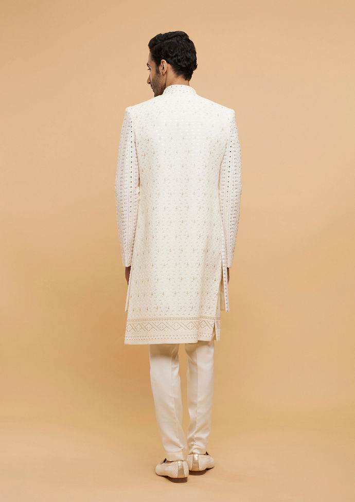 Twamev Men Cream Beige Mirror Embellished Sherwani Set