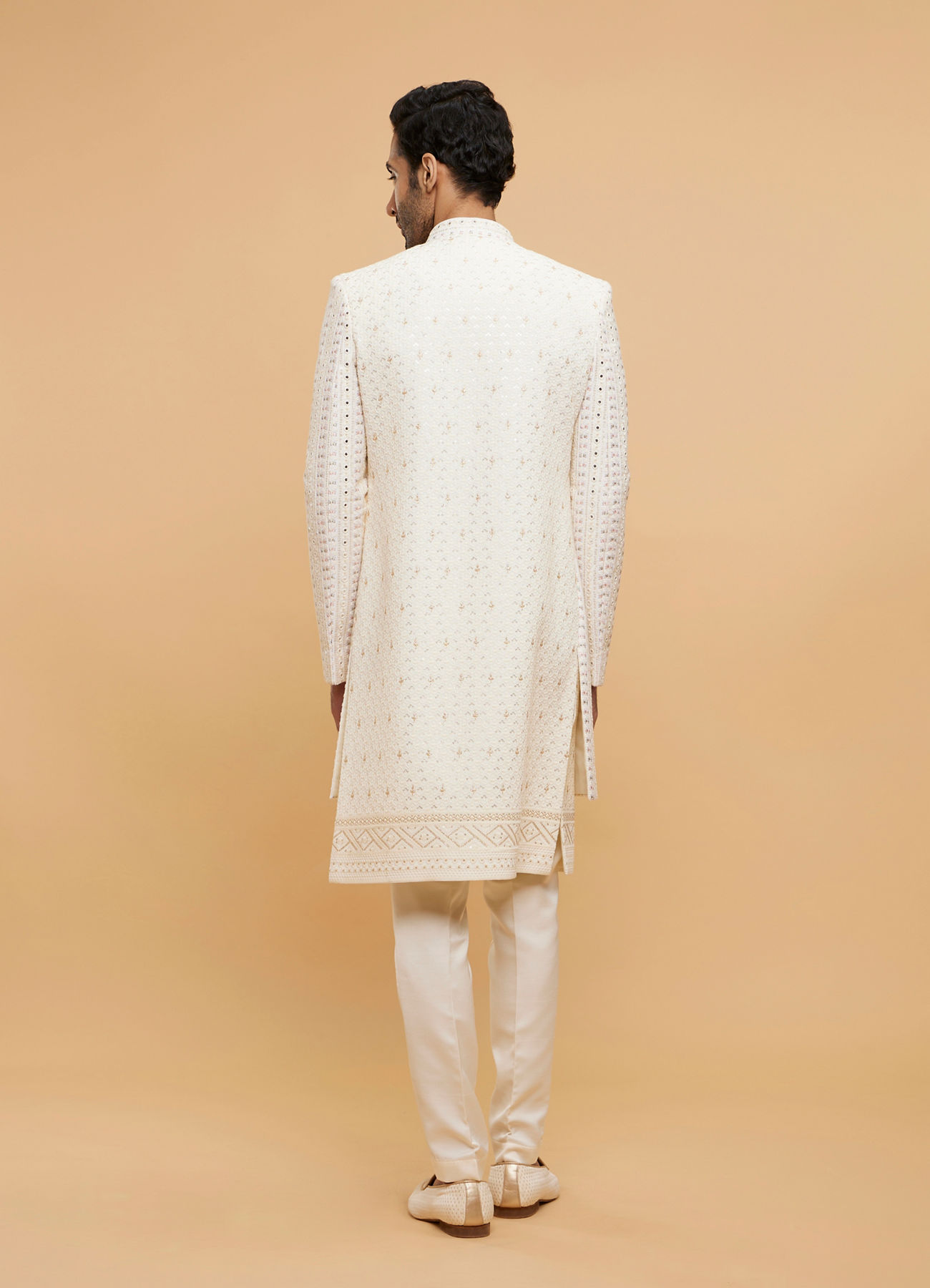 Twamev Men Cream Beige Mirror Embellished Sherwani Set