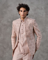 Twamev Men Dusty Pink Jaal Floral Embroidered Indo Western Set