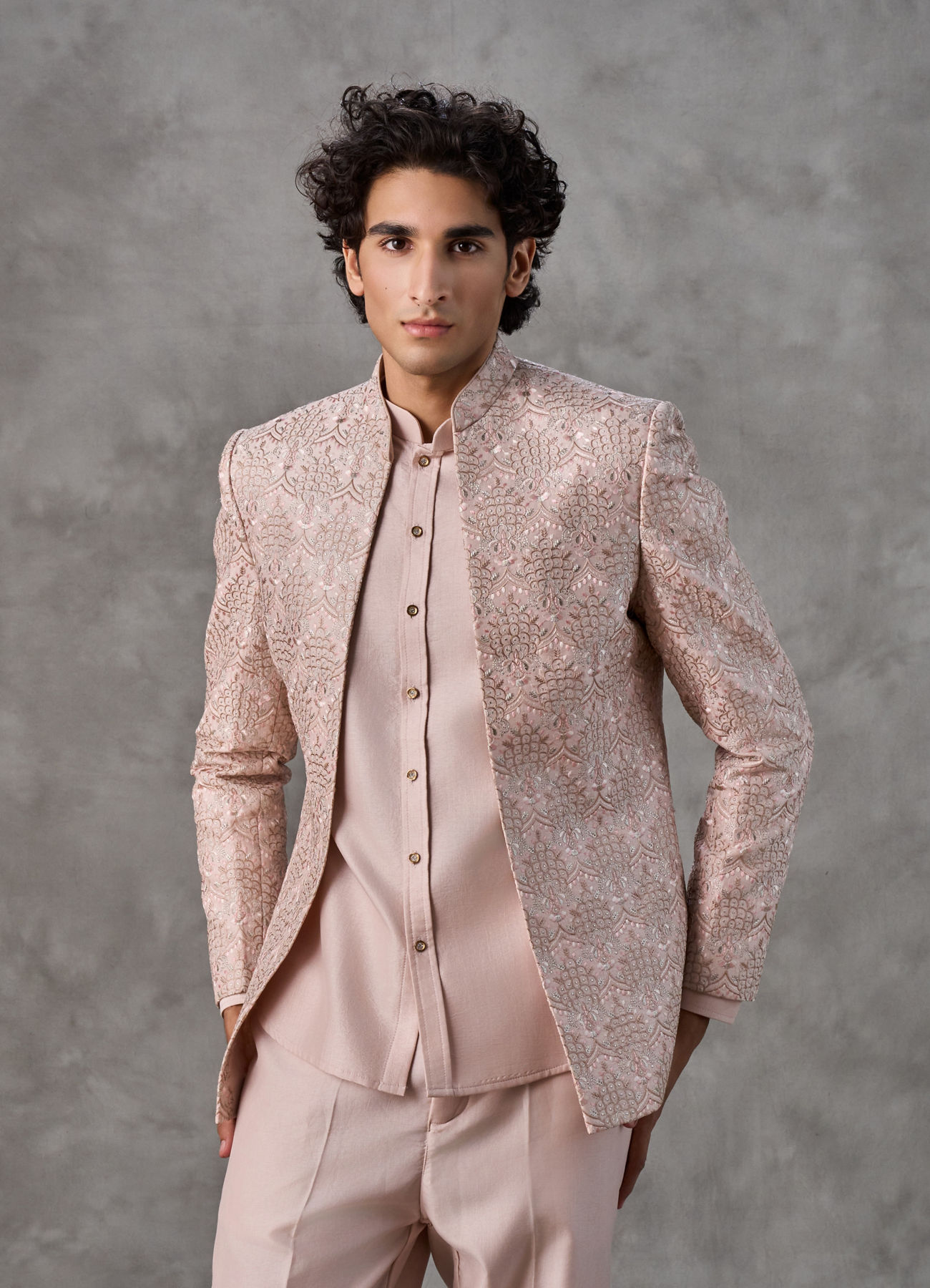 Twamev Men Dusty Pink Jaal Floral Embroidered Indo Western Set