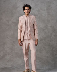 Twamev Men Dusty Pink Jaal Floral Embroidered Indo Western Set