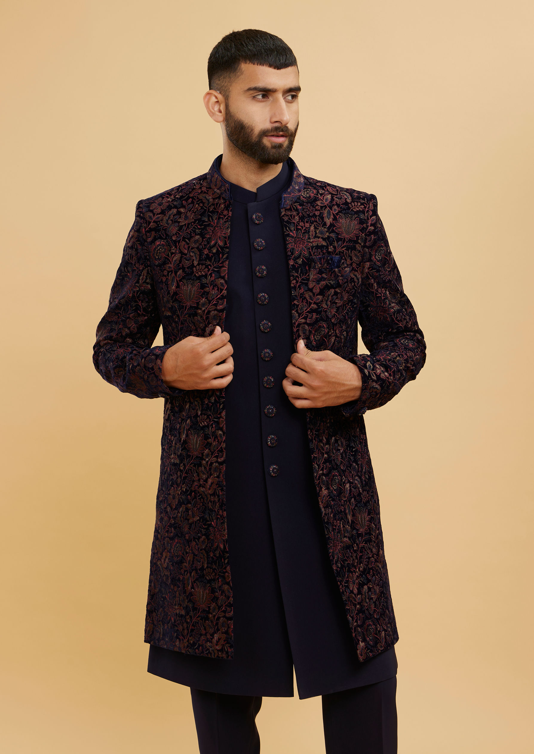 Twamev Men Indigo Blue Bel Buti Patterned Indo Western Set