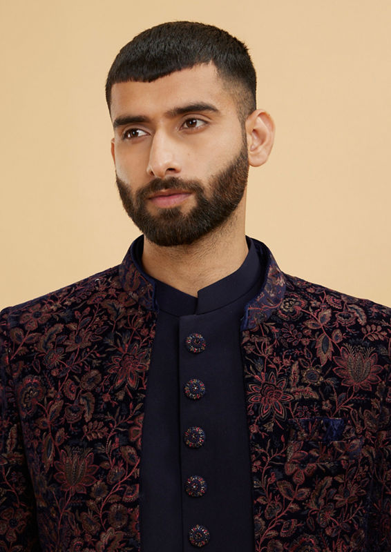 Twamev Men Indigo Blue Bel Buti Patterned Indo Western Set