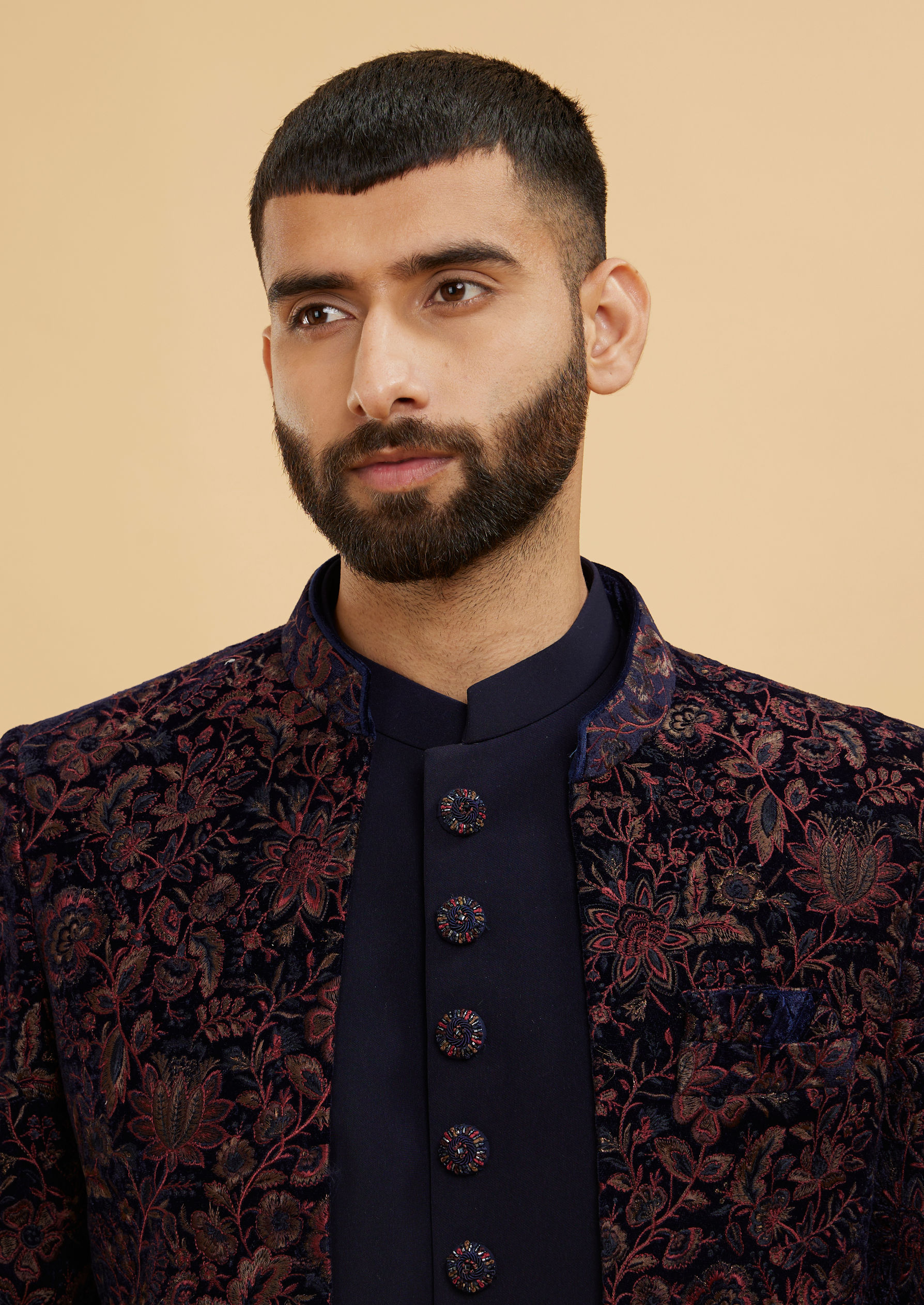Twamev Men Indigo Blue Bel Buti Patterned Indo Western Set