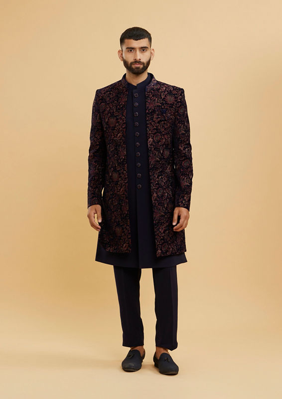 Twamev Men Indigo Blue Bel Buti Patterned Indo Western Set