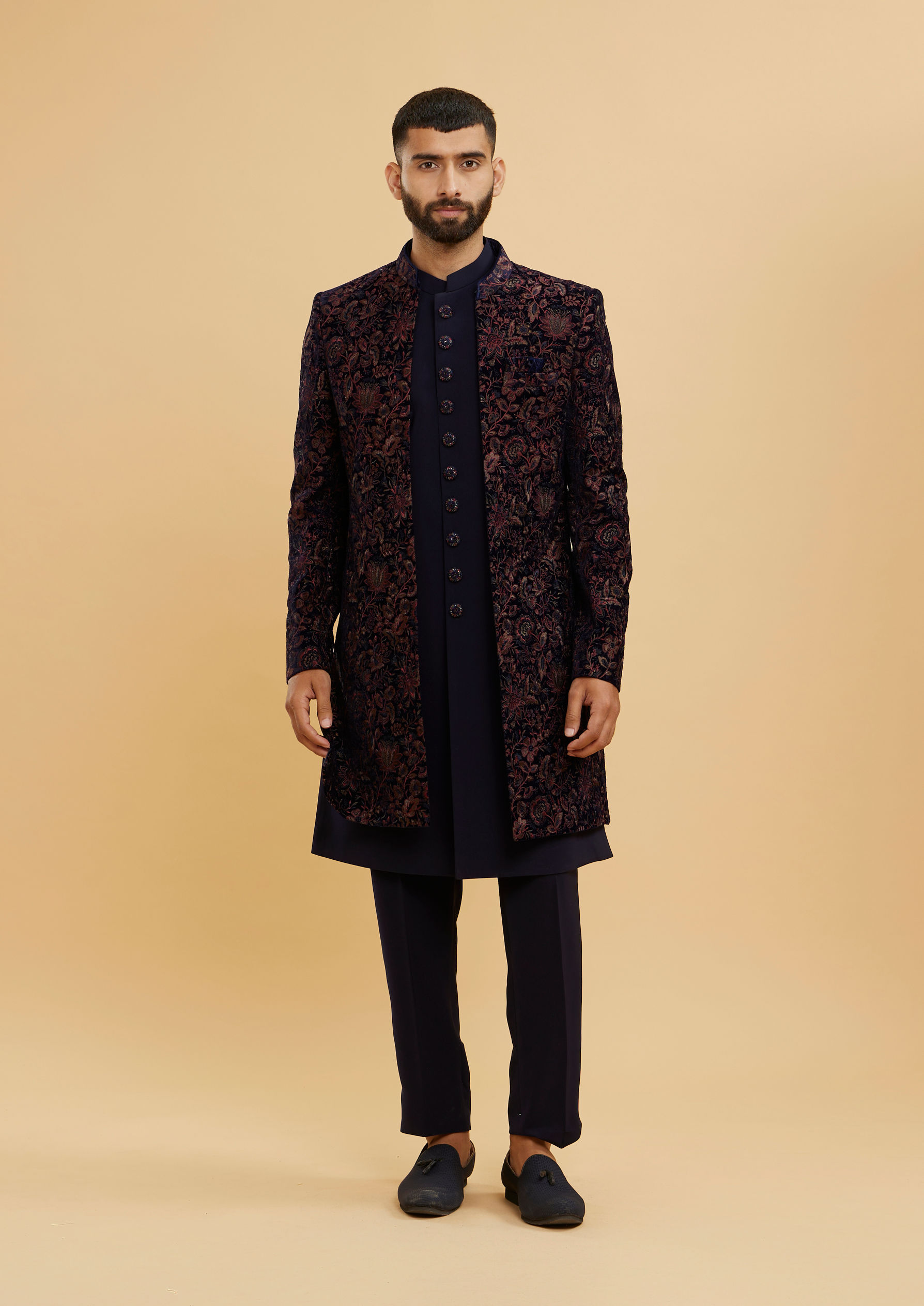 Twamev Men Indigo Blue Bel Buti Patterned Indo Western Set