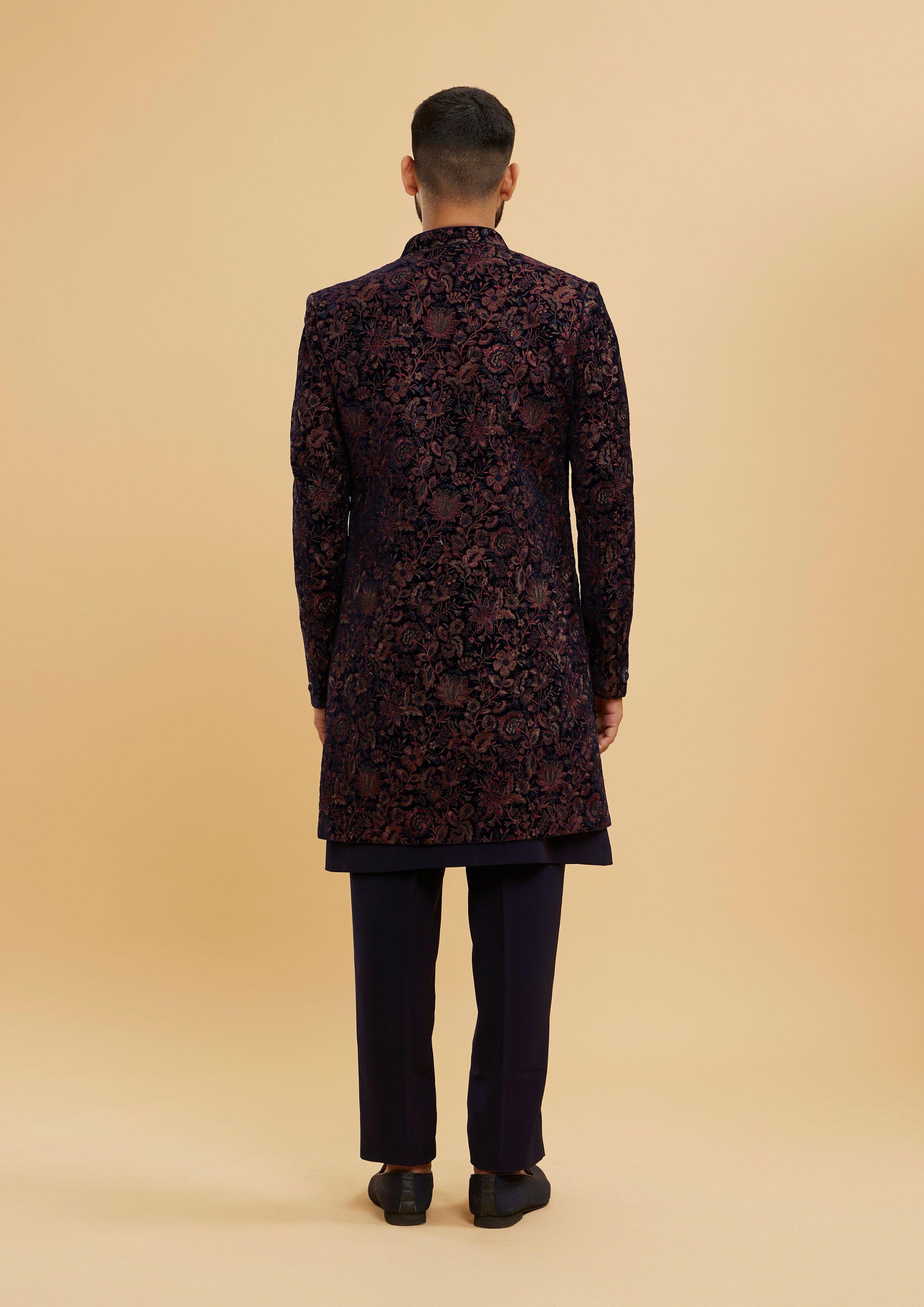 Twamev Men Indigo Blue Bel Buti Patterned Indo Western Set