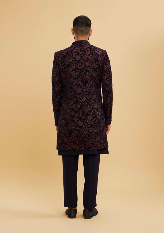Twamev Men Indigo Blue Bel Buti Patterned Indo Western Set
