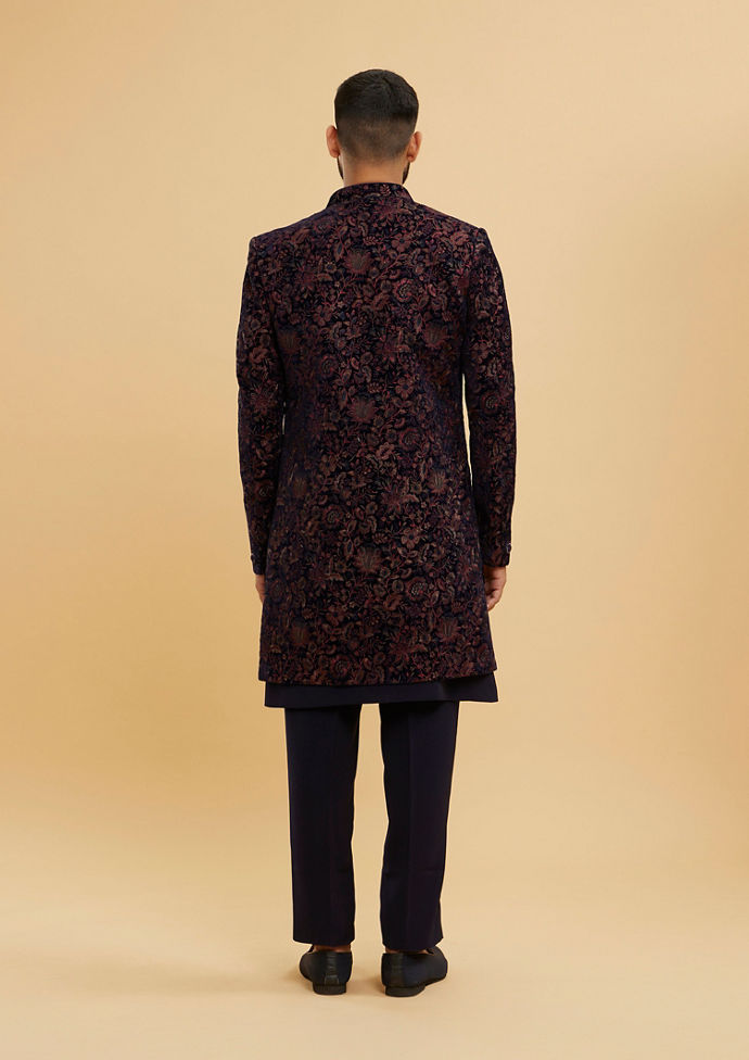 Twamev Men Indigo Blue Bel Buti Patterned Indo Western Set