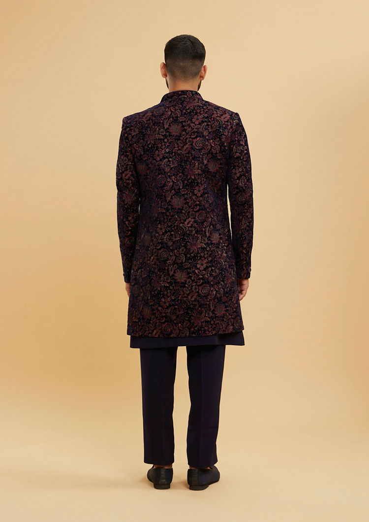 Twamev Men Indigo Blue Bel Buti Patterned Indo Western Set