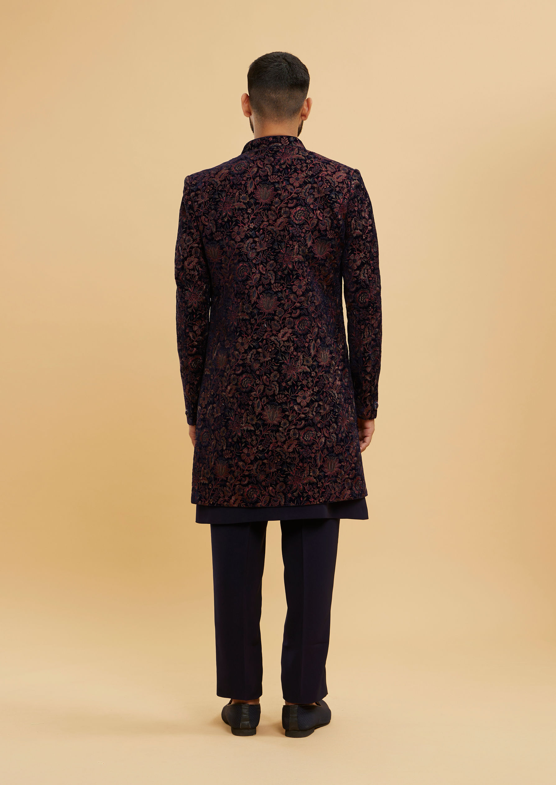 Twamev Men Indigo Blue Bel Buti Patterned Indo Western Set