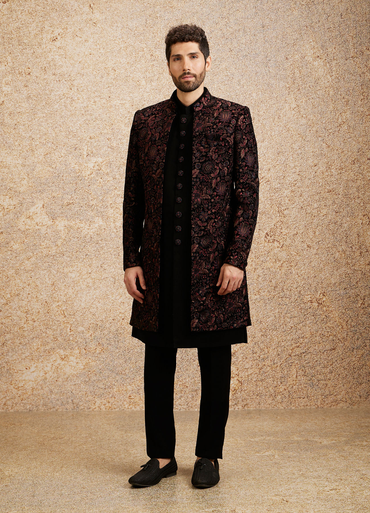 Buy Black Velvet Elegance with Maroon Floral Thread Embroidered Indo ...