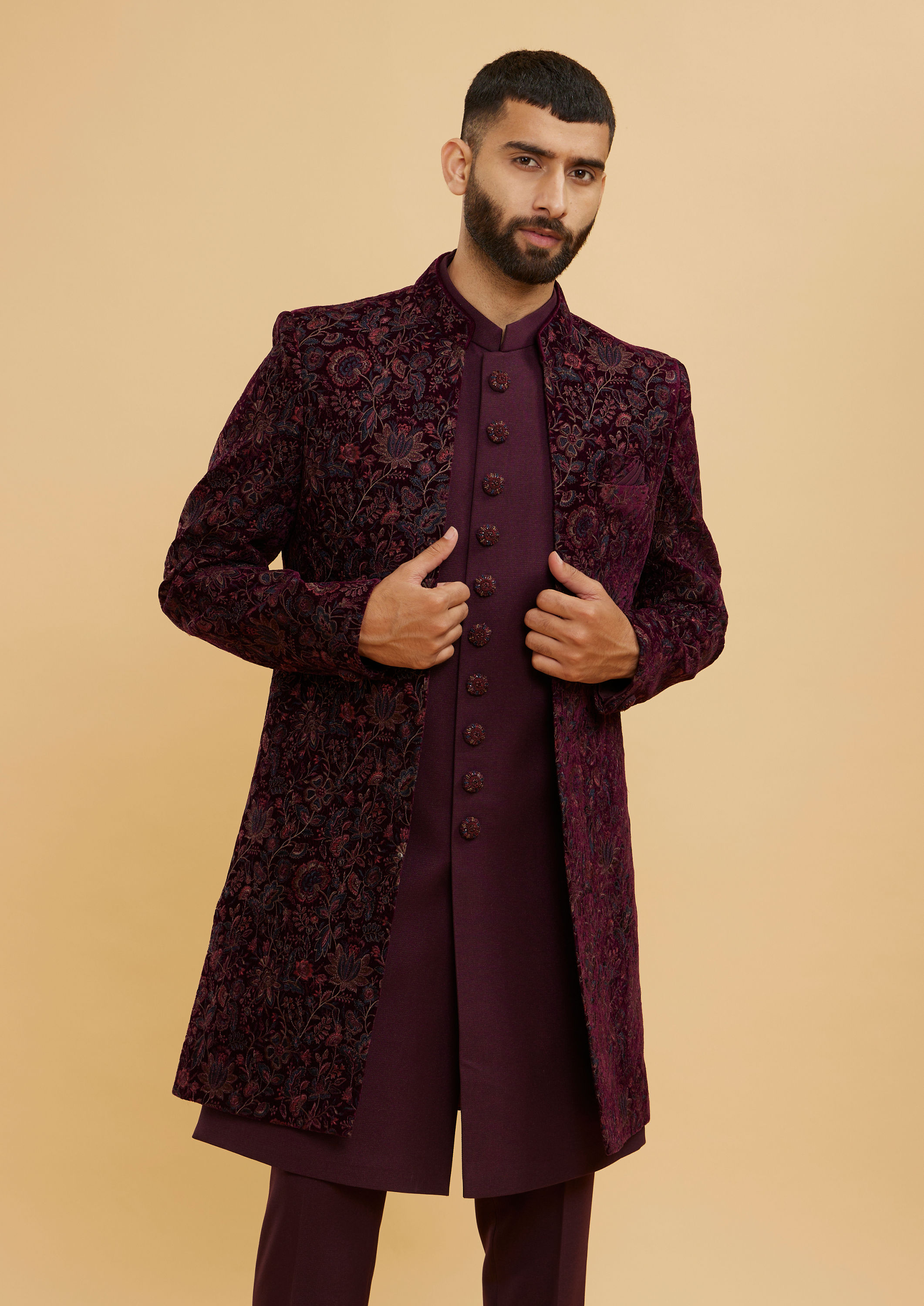 Twamev Men Wine Red Bel Buti Patterned Indo Western Set