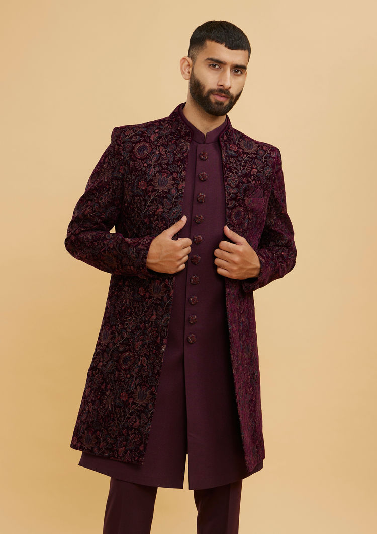 Twamev Men Wine Red Bel Buti Patterned Indo Western Set