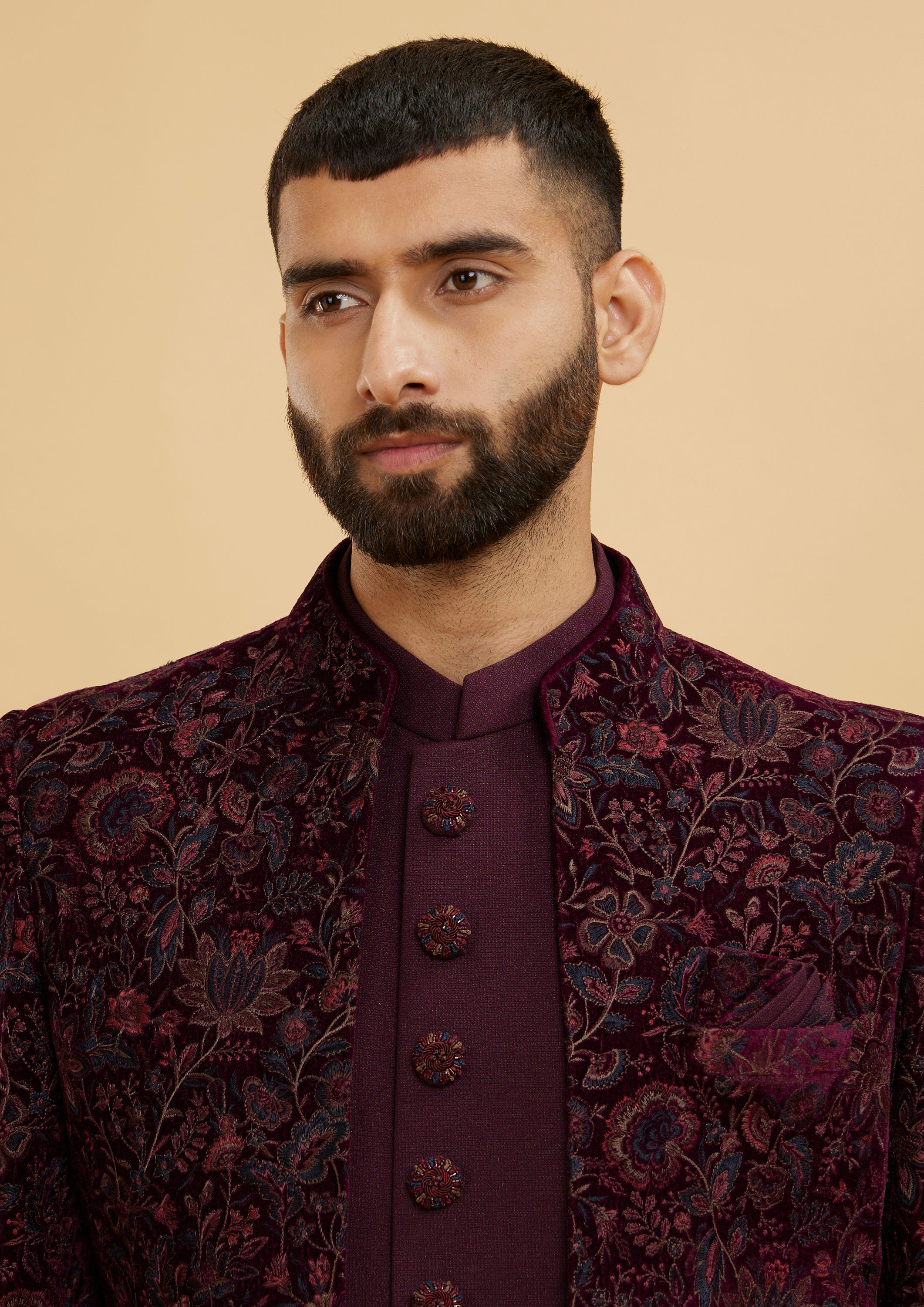 Twamev Men Wine Red Bel Buti Patterned Indo Western Set