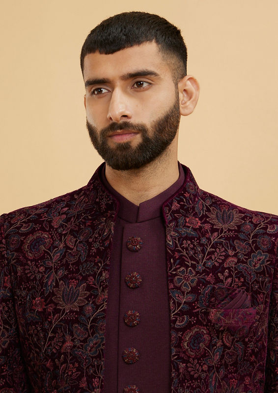 Twamev Men Wine Red Bel Buti Patterned Indo Western Set