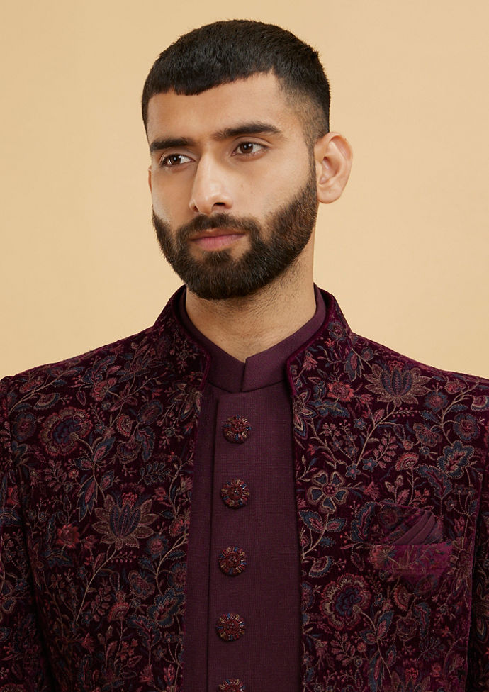 Twamev Men Wine Red Bel Buti Patterned Indo Western Set