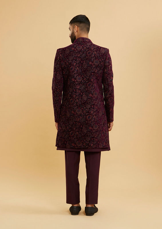 Twamev Men Wine Red Bel Buti Patterned Indo Western Set