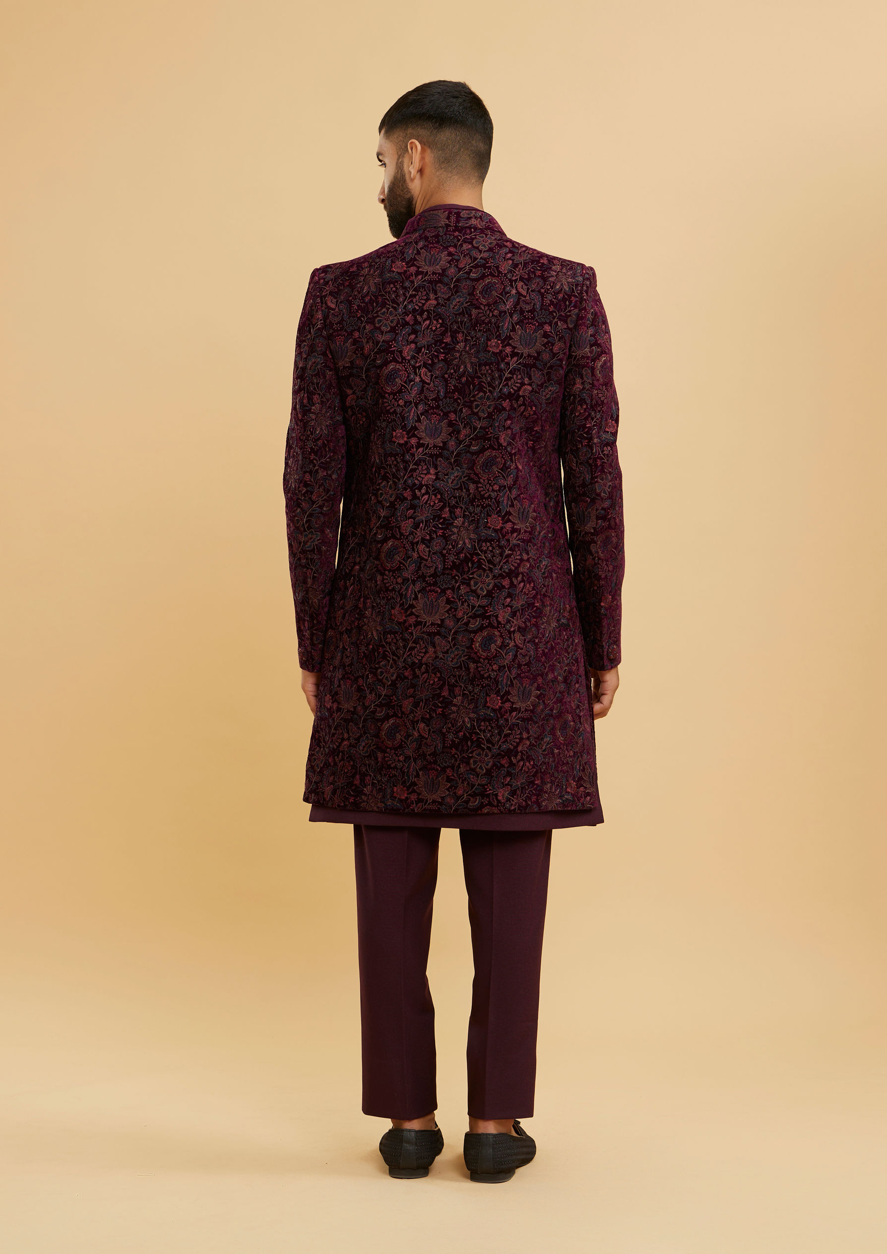 Twamev Men Wine Red Bel Buti Patterned Indo Western Set