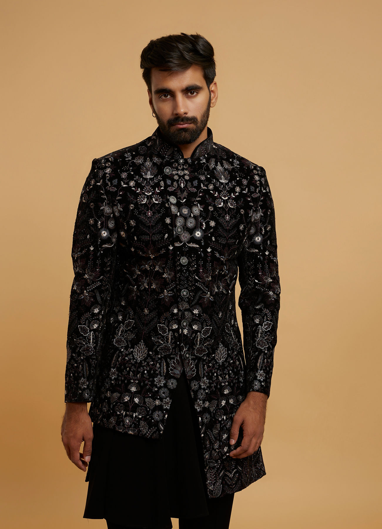 Twamev Men Black Velvety Elegance Indo Western