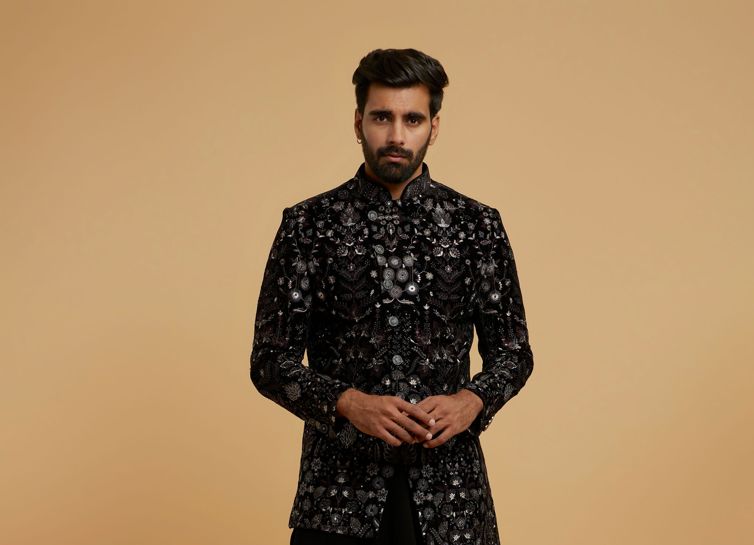 Twamev Men Black Velvety Elegance Indo Western