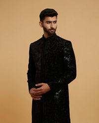 Twamev Men Black Velvet Sequin Floral Embroidered Indo Western Set